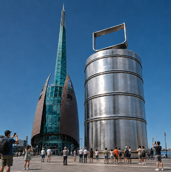A giant tiffin-carrier sculpture beside the Perth Bell Tower