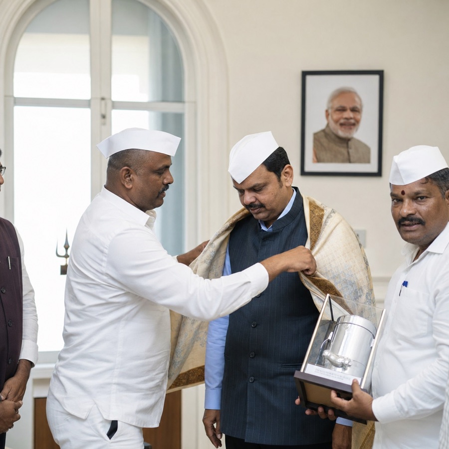 A dabbawala being draped with a ceremonial shawl indoors, a steel tiffin held beside him