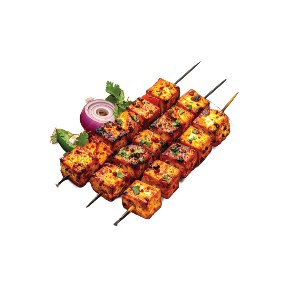 Paneer tikka skewers, cut out against a plain ground